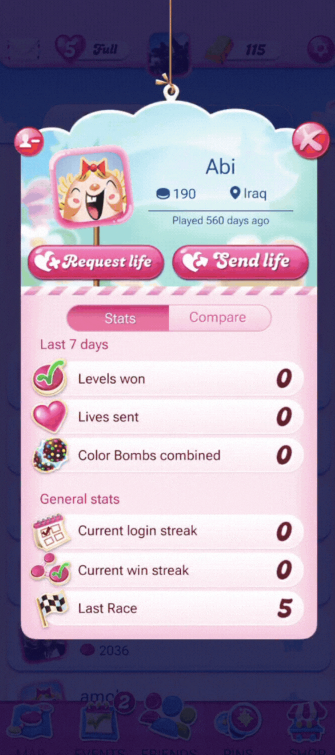 Perfil de usuario en Candy Crush Saga con opciones para enviar y solicitar vidas.