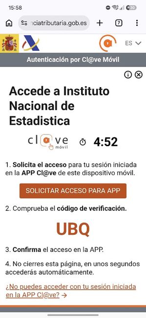 Interfaz de autenticación por Cl@ve Móvil en un navegador de smartphone para acceder al Instituto Nacional de Estadística.