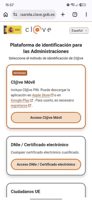 Pantalla de selección de método de identificación en la pasarela Cl@ve desde un teléfono móvil.