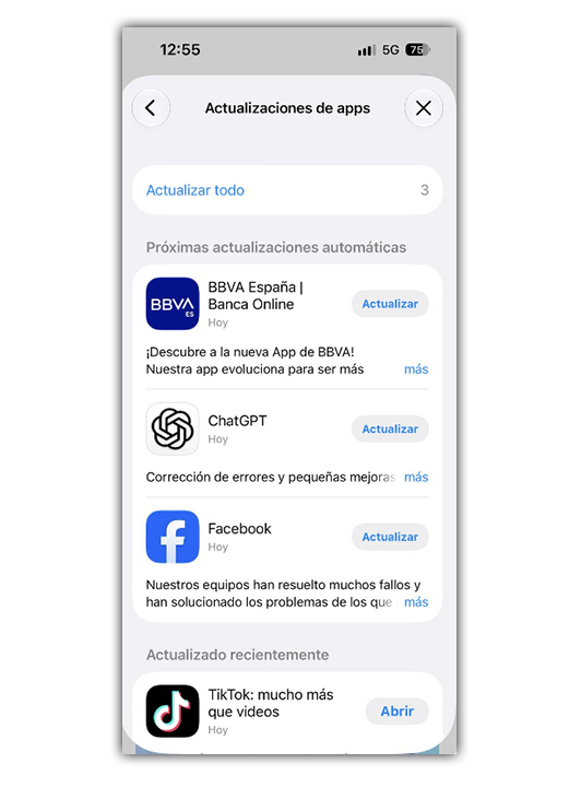 Interfaz de la App Store en iOS mostrando la lista de actualizaciones pendientes para aplicaciones como BBVA, ChatGPT y Facebook.