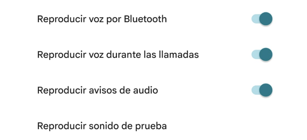 Ajustes de sonido de Google Maps con interruptores para voz por Bluetooth, llamadas y avisos de audio.