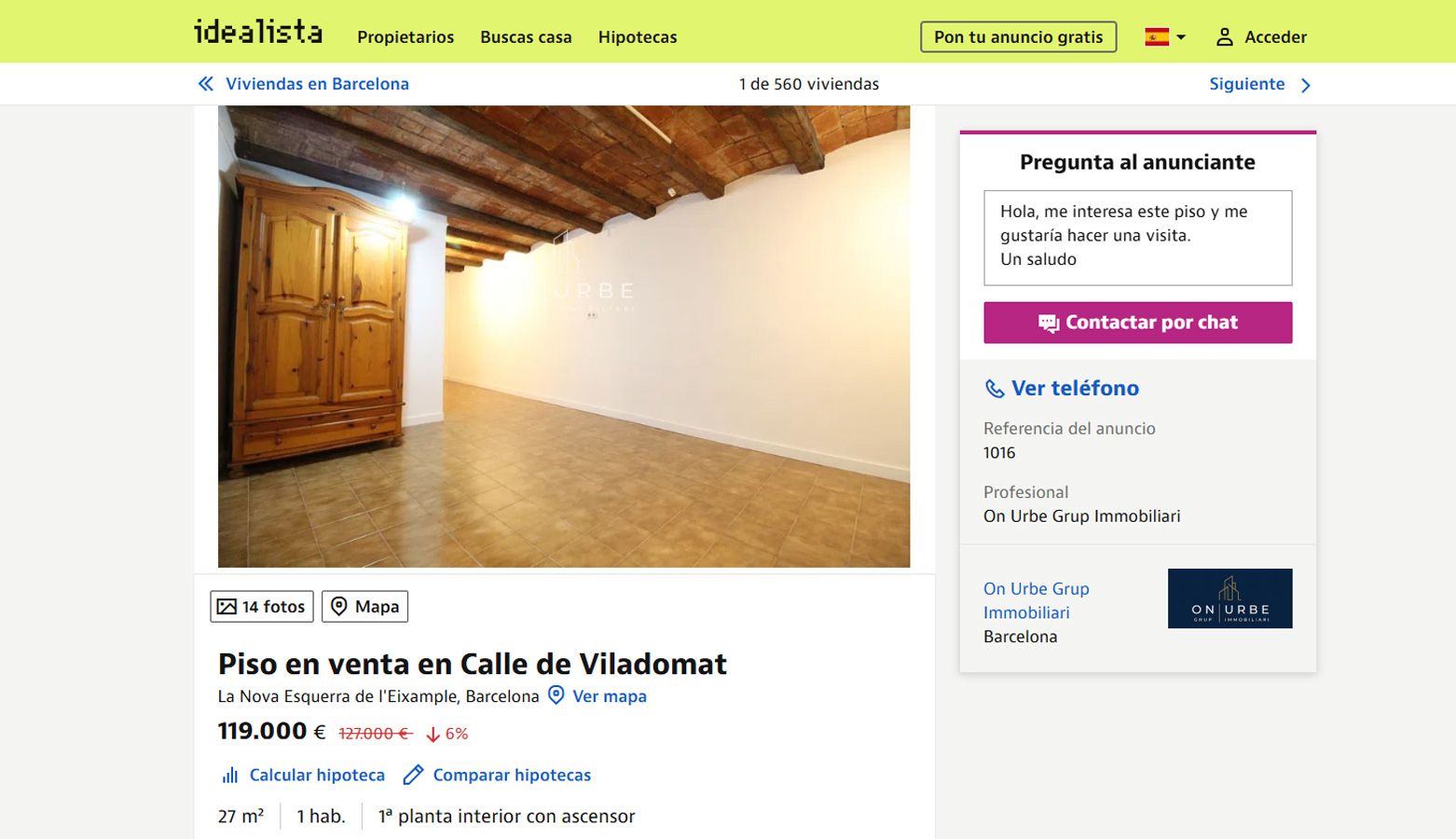 Interfaz de la página web de Idealista mostrando un anuncio de un piso en venta en la calle de Viladomat, Barcelona.