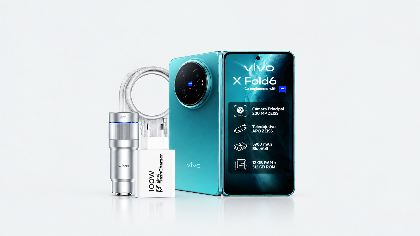 Teléfono plegable vivo X Fold6 en color turquesa junto a su cargador de 100W y accesorios sobre fondo blanco.