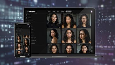 Interfaz de la aplicación Magnific en un ordenador portátil y un teléfono móvil mostrando una cuadrícula de retratos generados por inteligencia artificial.