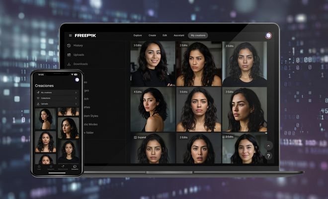 Interfaz de la aplicación Magnific en un ordenador portátil y un teléfono móvil mostrando una cuadrícula de retratos generados por inteligencia artificial.