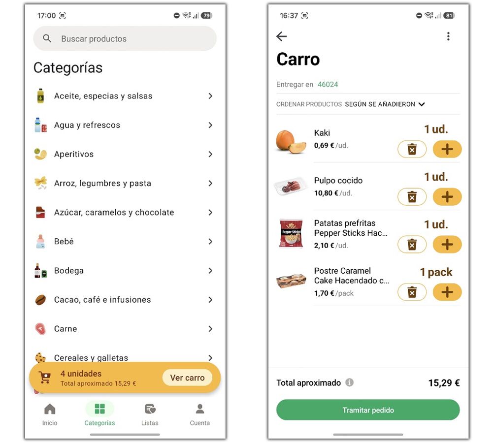 Interfaz de la aplicación móvil de Mercadona mostrando el menú de categorías de productos y el carrito de la compra con artículos seleccionados.