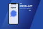 Ilustración de un teléfono móvil con el logotipo de Signal sobre fondo azul.