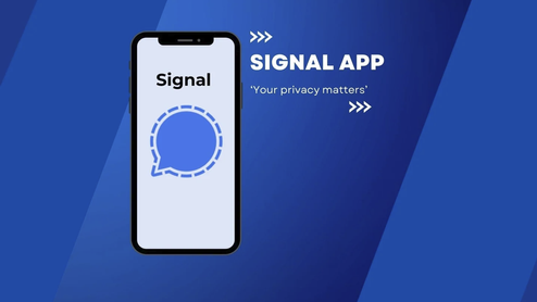 Ilustración de un teléfono móvil con el logotipo de Signal sobre fondo azul.