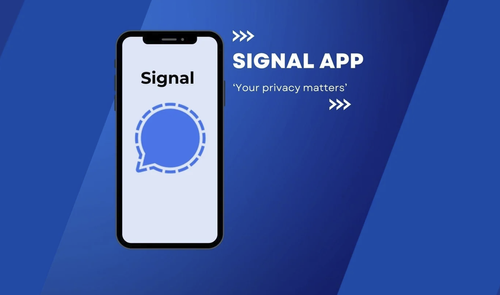 Ilustración de un teléfono móvil con el logotipo de Signal sobre fondo azul.