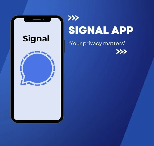 Ilustración de un teléfono móvil con el logotipo de Signal sobre fondo azul.