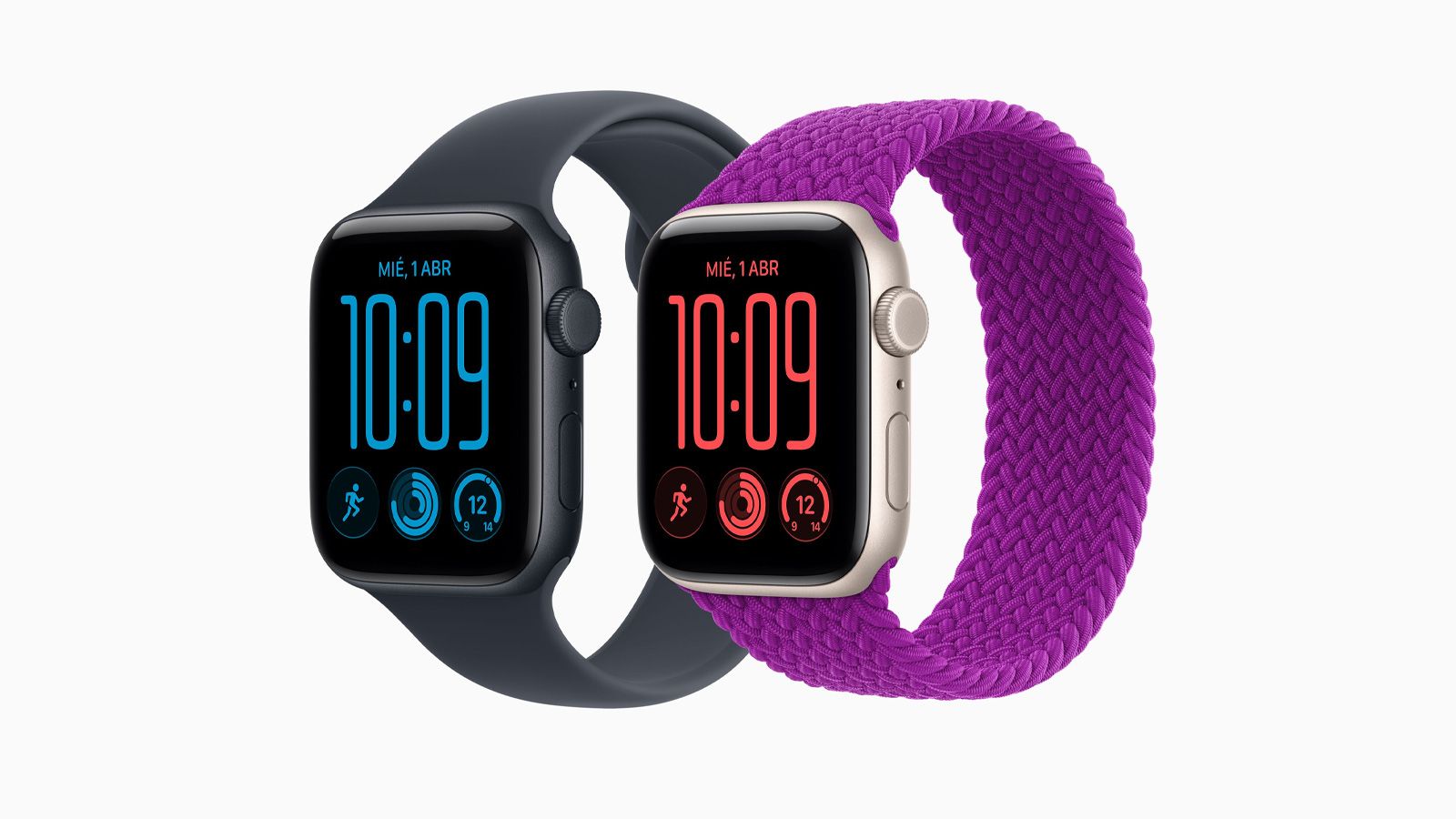 Dos relojes inteligentes Apple Watch SE 3, uno con caja oscura y correa deportiva y otro con caja clara y correa trenzada de color morado.