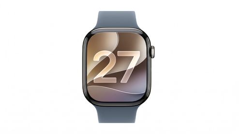 Reloj inteligente Apple Watch visto de frente con una esfera que muestra el número 27 sobre fondo abstracto.
