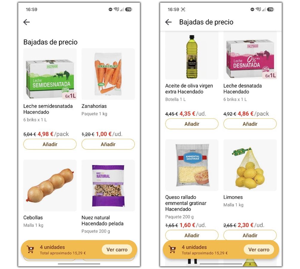Sección de bajadas de precio en la aplicación móvil de Mercadona con productos como leche, aceite de oliva y verduras.