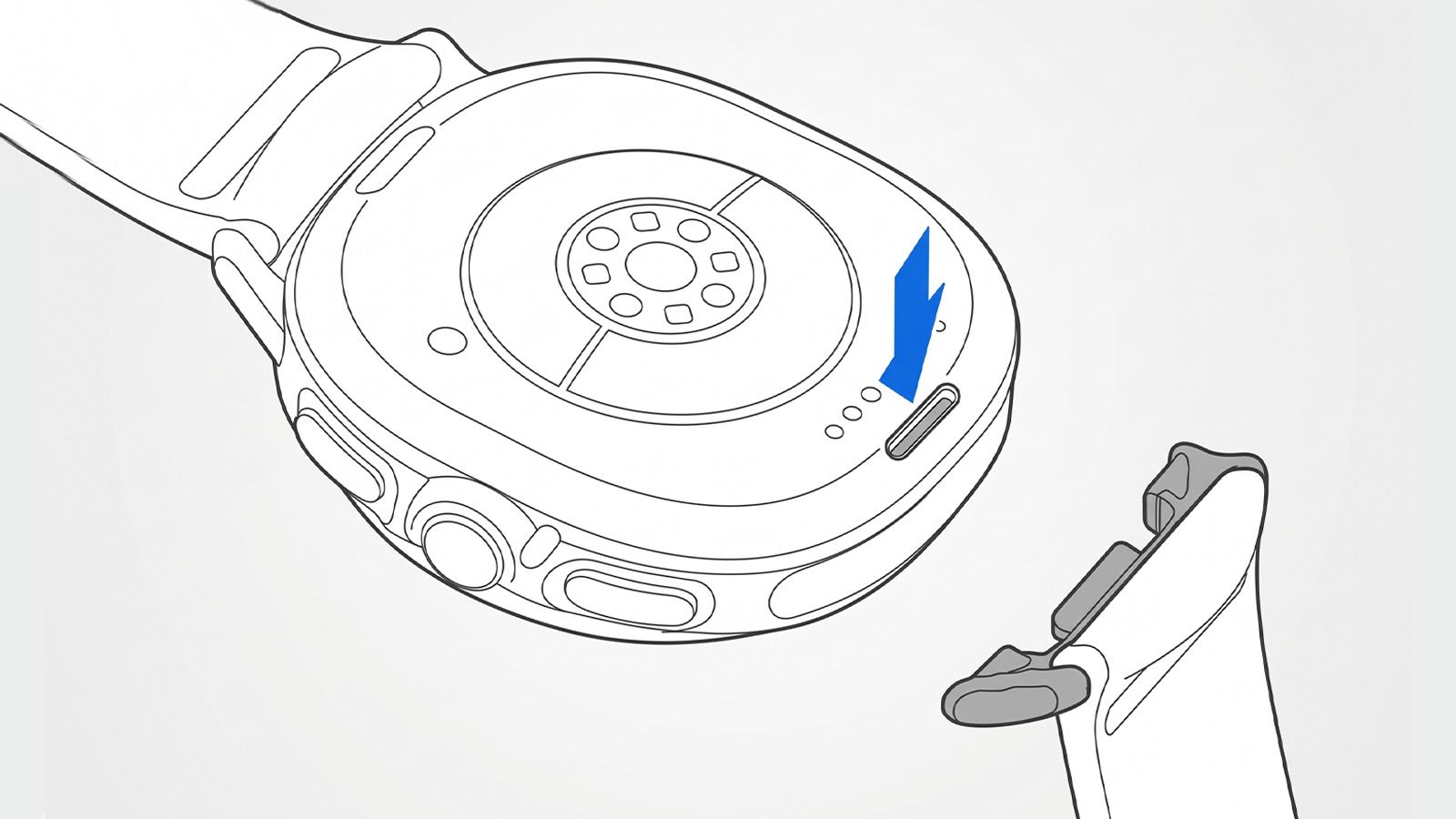 Ilustración técnica de la parte posterior de un reloj inteligente mostrando el botón de liberación de la correa y los sensores de salud.