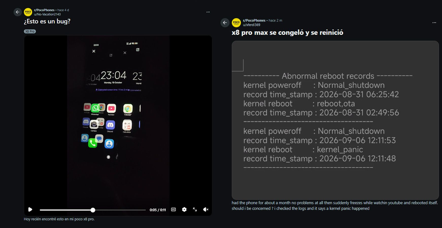 Capturas de pantalla de redes sociales que muestran un error de interfaz y un registro de reinicios anormales en un POCO X8 Pro Max.