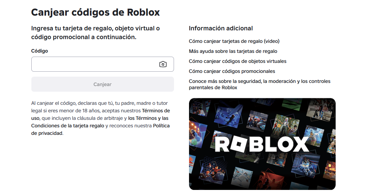Interfaz de la página oficial para canjear códigos de Roblox con campo de texto y botón de activación.