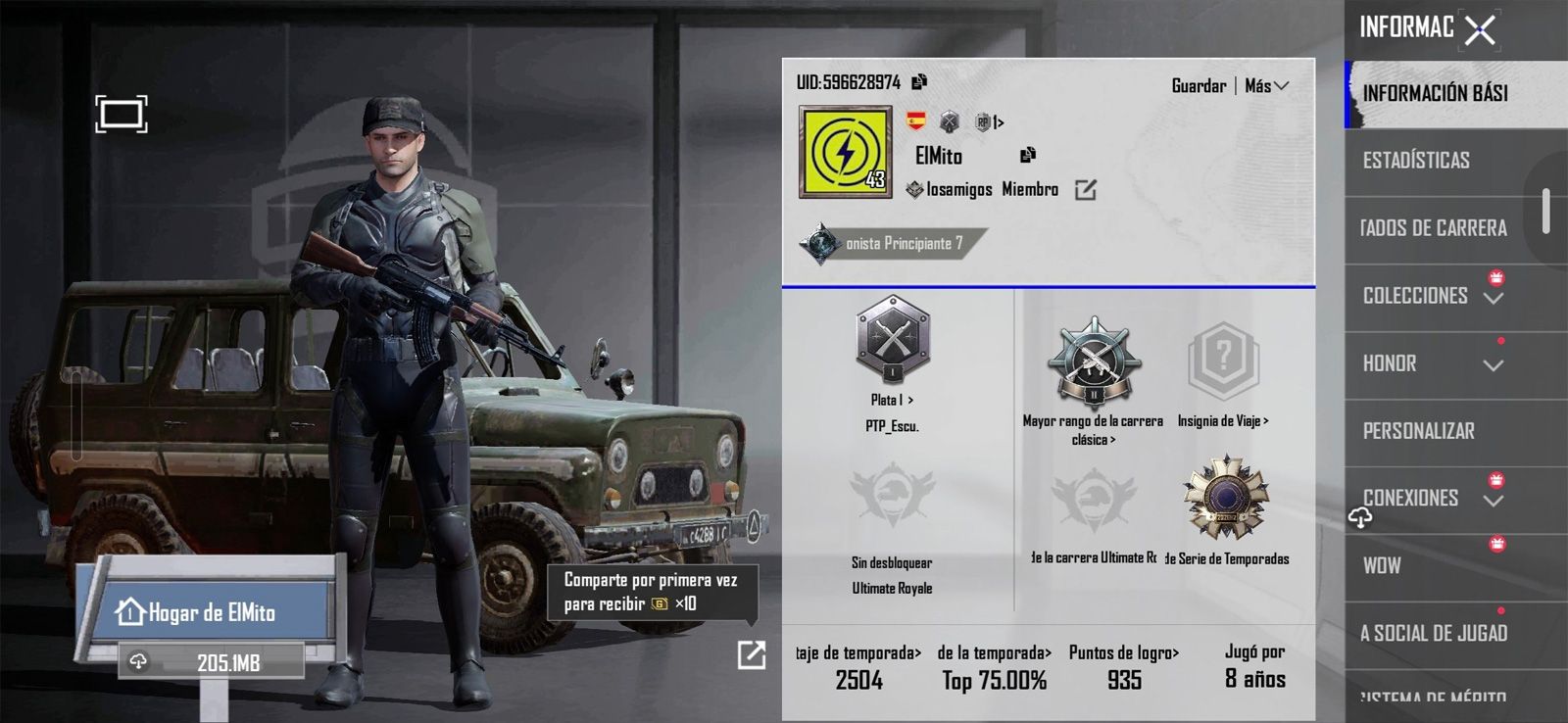 Menú de perfil de usuario en la interfaz del juego móvil PUBG Mobile con un personaje y estadísticas.