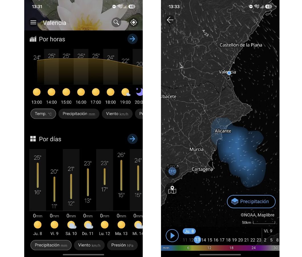 Interfaz de la aplicación Weawow con gráficas de temperatura por horas en Valencia y mapa de radar de precipitaciones sobre el Mediterráneo.