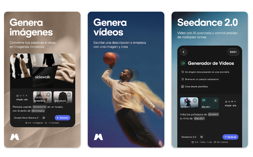 Tres capturas de pantalla de la interfaz de Magnific AI para generación de imágenes y vídeos mediante inteligencia artificial.