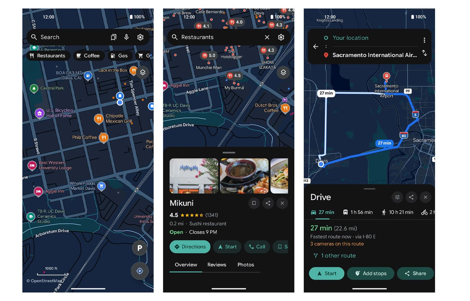 Tres capturas de pantalla de la aplicación Vela Maps mostrando la interfaz de búsqueda, fichas de establecimientos y navegación en modo oscuro.