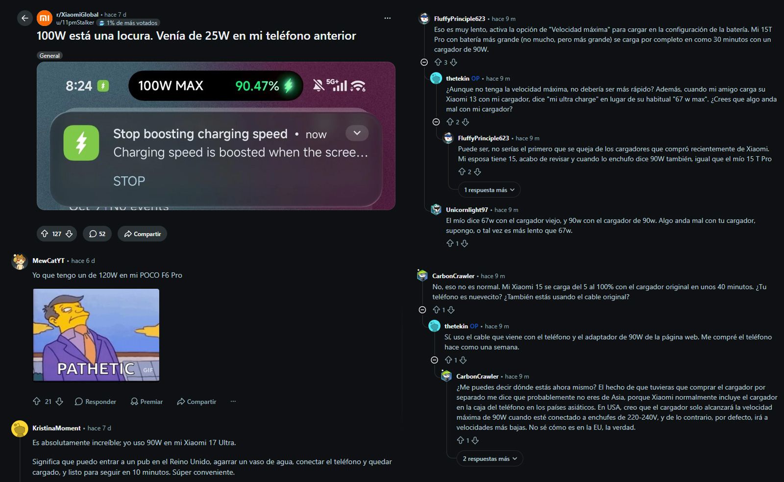 Interfaz de HyperOS en un móvil Xiaomi mostrando el aviso de carga rápida a 100W y comentarios de usuarios en un foro.
