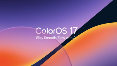 Logotipo de ColorOS 17 sobre fondo abstracto de tonos púrpuras y naranjas con el eslogan Silky Smooth, Flow with AI.