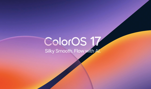 Logotipo de ColorOS 17 sobre fondo abstracto de tonos púrpuras y naranjas con el eslogan Silky Smooth, Flow with AI.
