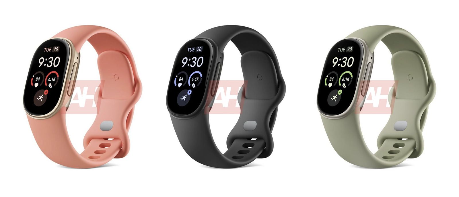 Tres unidades de la pulsera inteligente Google Fitbit Edge en colores rosa, negro y verde claro con correas de silicona.