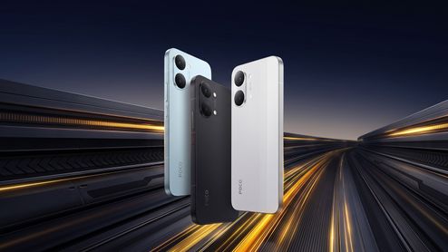 Tres unidades del teléfono POCO X8 en color azul claro, negro y blanco sobre un fondo de líneas de luz amarillas.