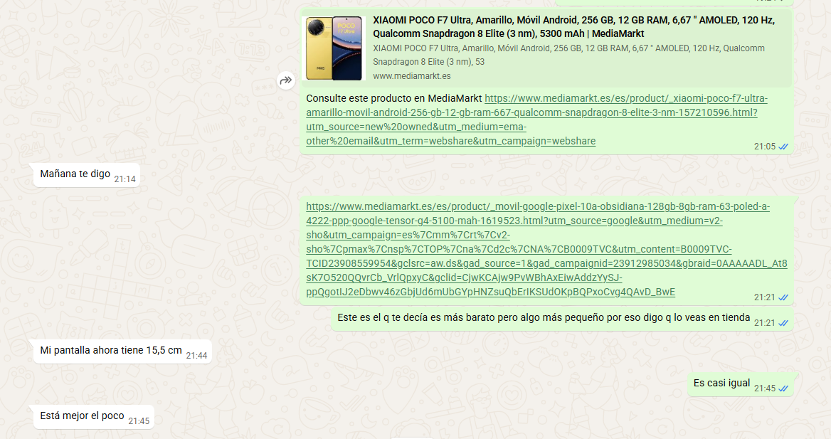 Captura de pantalla de una aplicación de mensajería con una conversación sobre la compra de un Xiaomi POCO F7 Ultra.