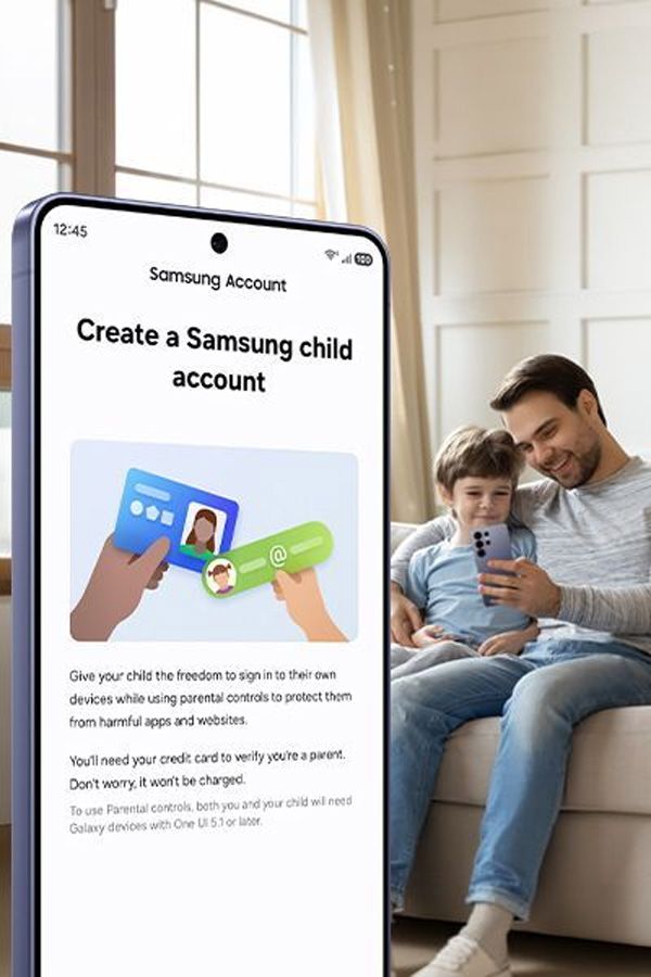 Interfaz de configuración de una cuenta infantil de Samsung en un smartphone con un padre y su hijo al fondo.