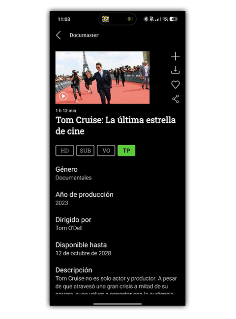 Interfaz de la aplicación RTVE Play mostrando la ficha técnica de un documental con el icono de descarga activo.