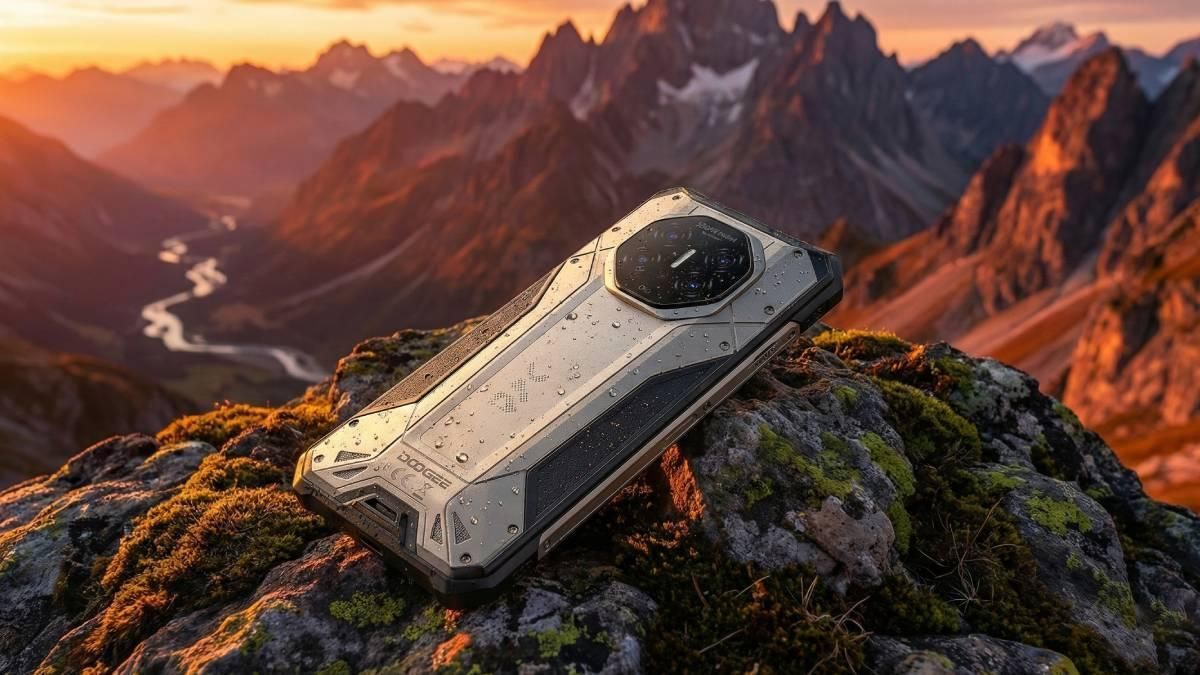 Parte trasera del teléfono rugerizado Doogee S300 Plus apoyado en una roca con montañas al fondo durante el atardecer.