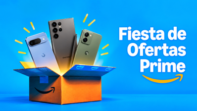 Tres teléfonos móviles de marcas como Google, Samsung y Motorola saliendo de una caja de Amazon sobre fondo azul con el texto Fiesta de Ofertas Prime.