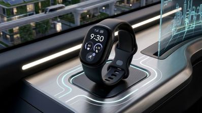 Fitbit Edge sobre una mesa con luces futuristas