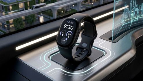 Fitbit Edge sobre una mesa con luces futuristas