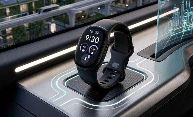 Fitbit Edge sobre una mesa con luces futuristas