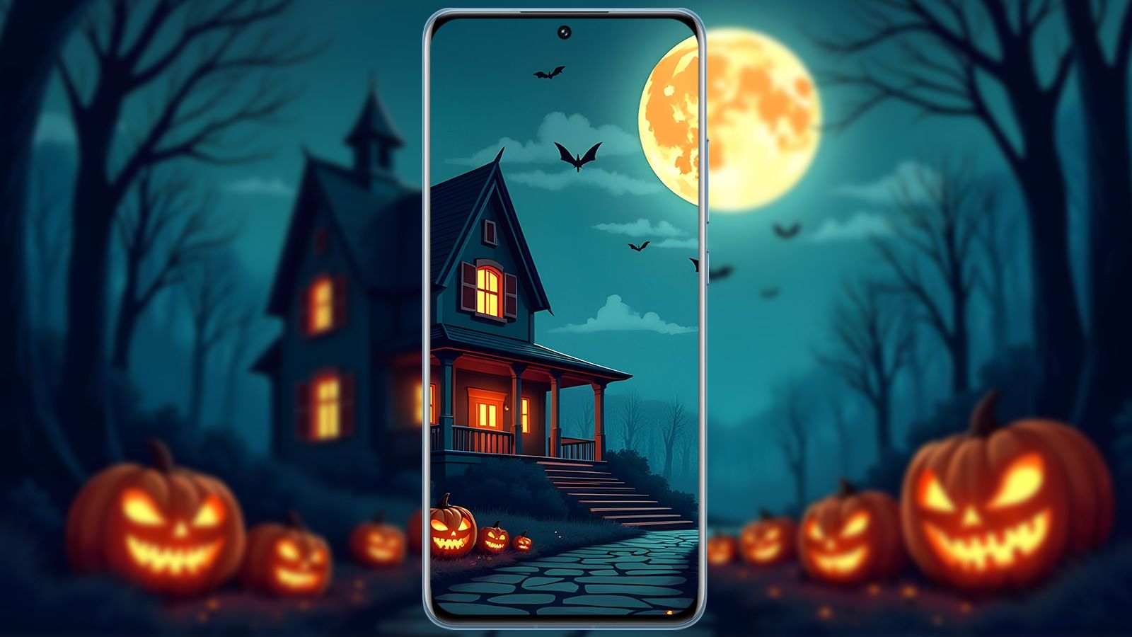 Ilustración de una casa encantada bajo la luna llena con calabazas iluminadas en la pantalla de un móvil.