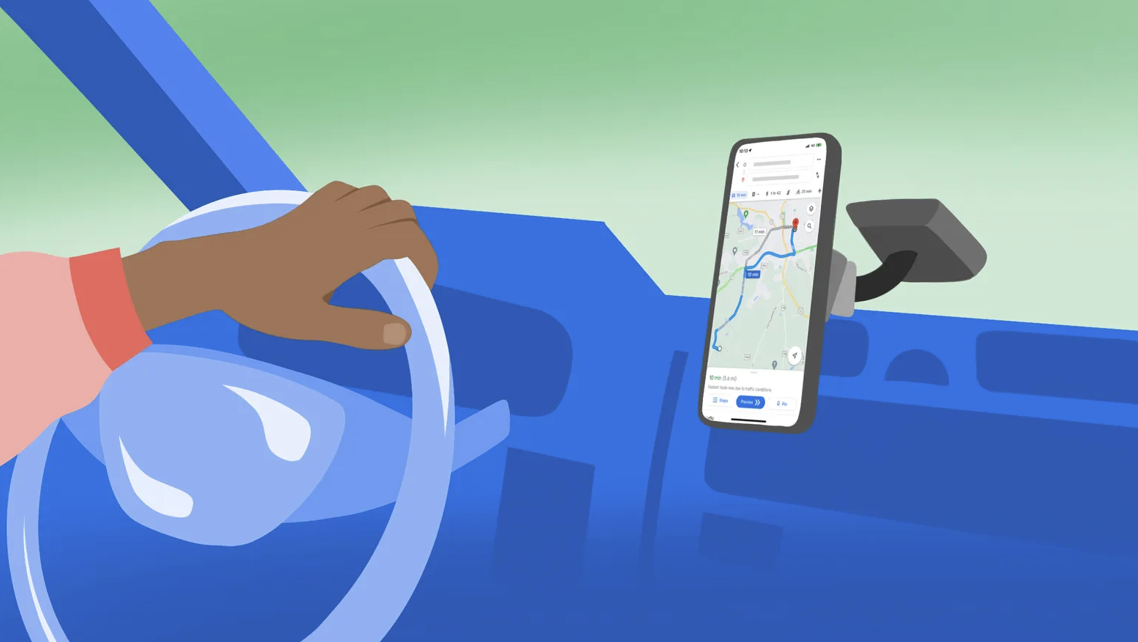 Ilustración de un teléfono móvil colocado en el soporte del salpicadero de un coche mostrando una ruta en Google Maps.