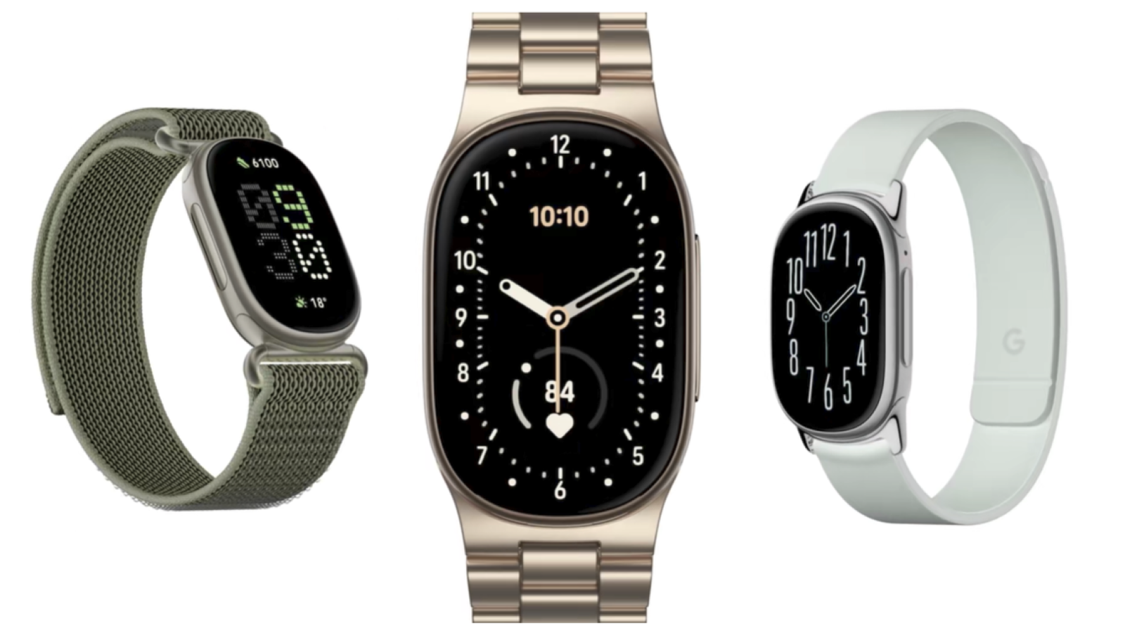 Tres variantes del Google Fitbit Edge con diferentes correas y esferas digitales sobre fondo blanco.