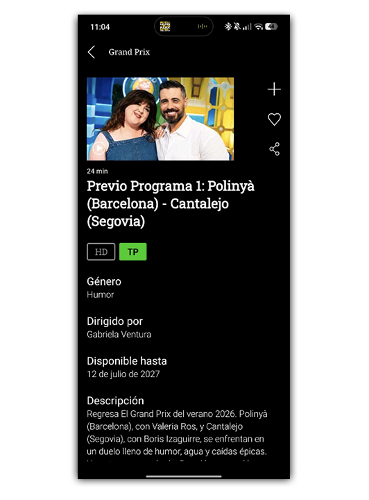 Interfaz de la aplicación RTVE Play en un móvil mostrando la ficha técnica de Grand Prix sin el icono de descarga disponible.