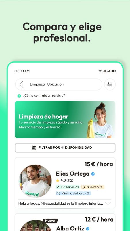Interfaz de búsqueda de profesionales de limpieza en la aplicación Homerd.