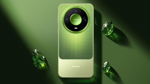 Parte trasera del Huawei Mate 90 Pro Max en color verde con módulo de cámara circular y acabado texturizado rodeado de cristales.
