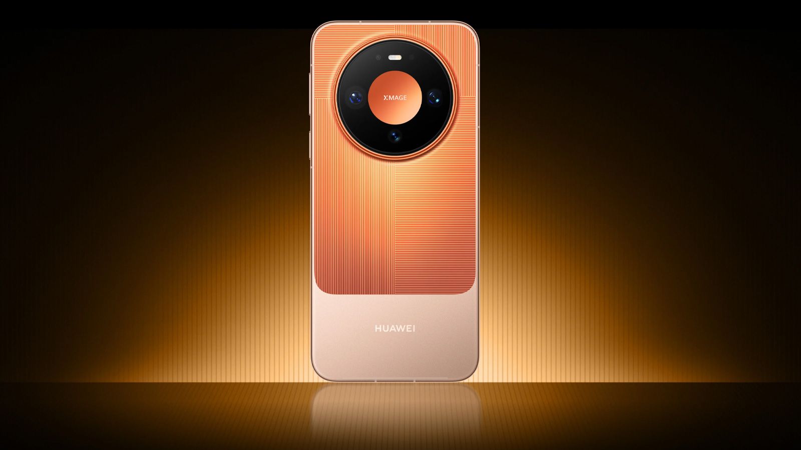 Parte trasera de un Huawei Mate 90 Pro en color naranja con módulo de cámara circular central y textura de líneas geométricas.