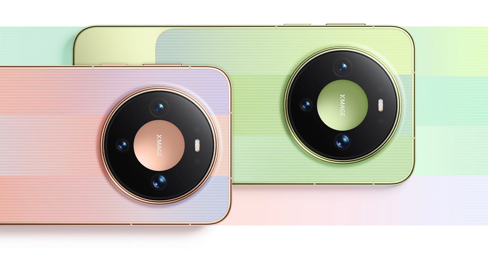 Parte trasera de dos teléfonos Huawei Mate 90 con módulos de cámara circulares y texturas rayadas en colores pastel.