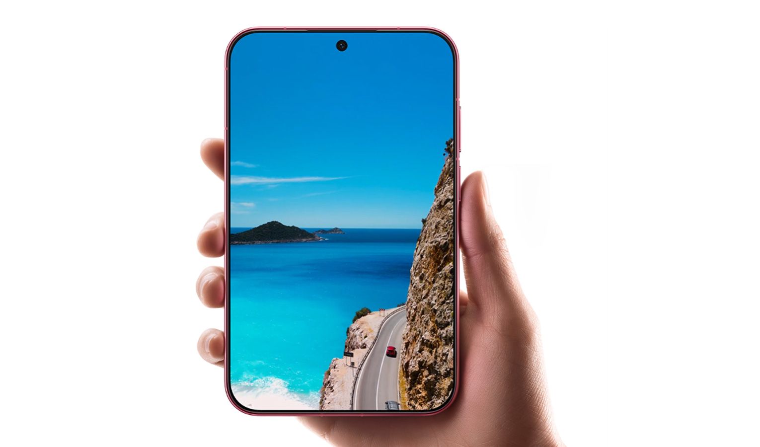 Primer plano del frontal del Huawei Pura X View sostenido con una mano, mostrando su pantalla completa con un fondo de paisaje costero.