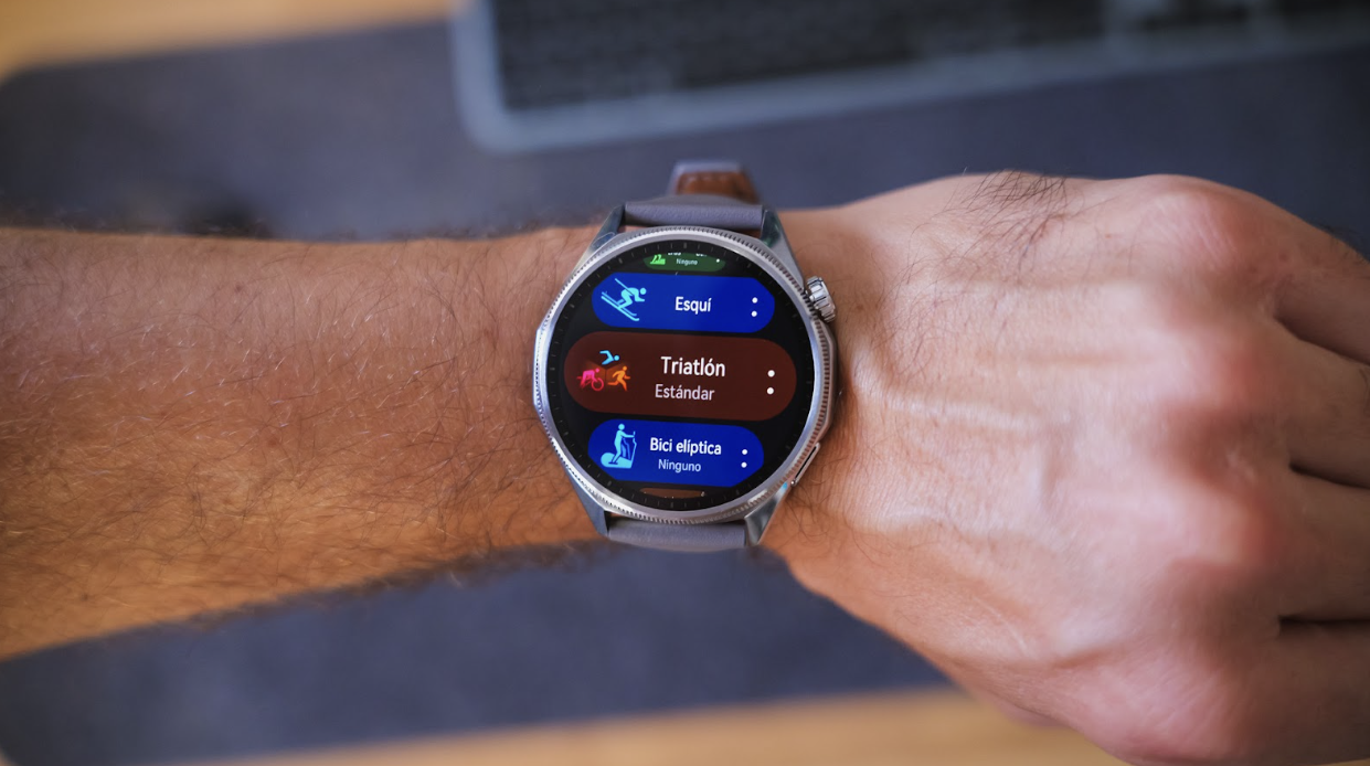 Pantalla del Huawei Watch GT7 mostrando el menú de modos deportivos con las opciones de Esquí, Triatlón y Elíptica.