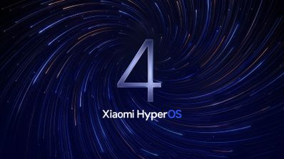 Logotipo de Xiaomi HyperOS centrado con un gran número 4 sobre un fondo de partículas de luz en espiral azul.
