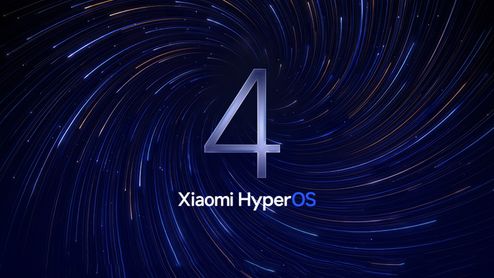 Logotipo de Xiaomi HyperOS centrado con un gran número 4 sobre un fondo de partículas de luz en espiral azul.