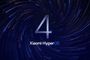 Logotipo de Xiaomi HyperOS centrado con un gran número 4 sobre un fondo de partículas de luz en espiral azul.